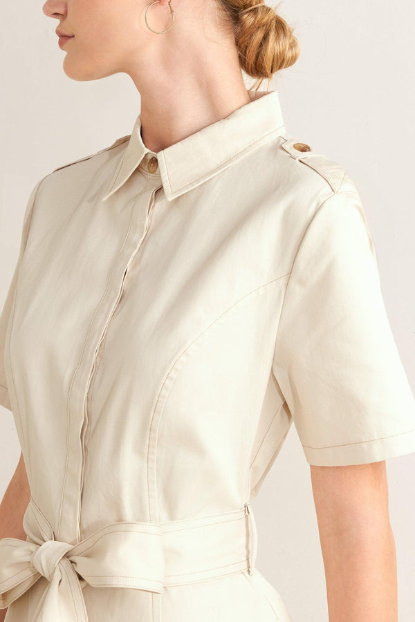 SANDSTONE GRACE WOVEN MIDI SHIRT DRESS.