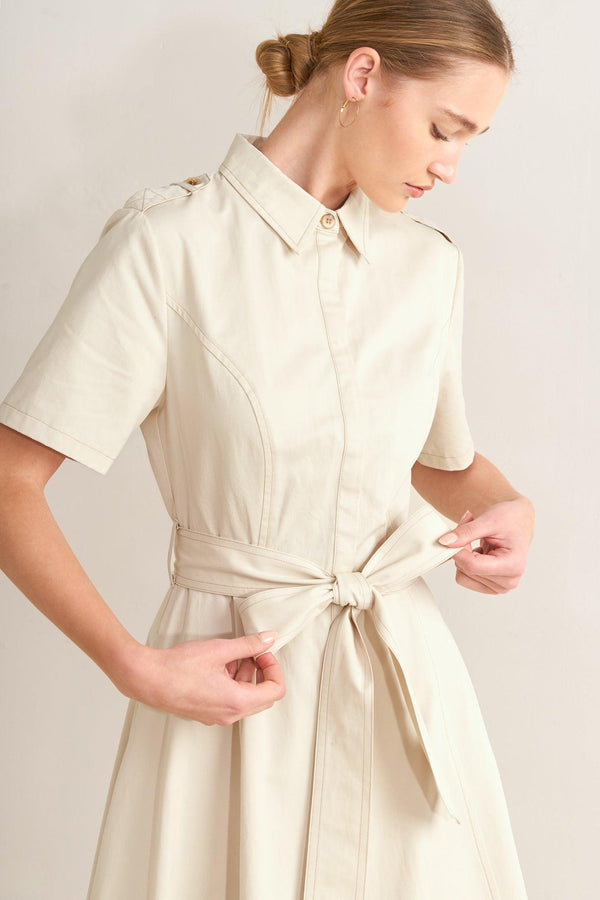 SANDSTONE GRACE WOVEN MIDI SHIRT DRESS.