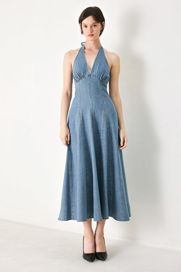 BLUE BLOSSOM DENIM MIDI DRESS.