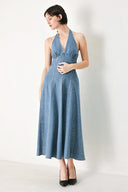 BLUE BLOSSOM DENIM MIDI DRESS.