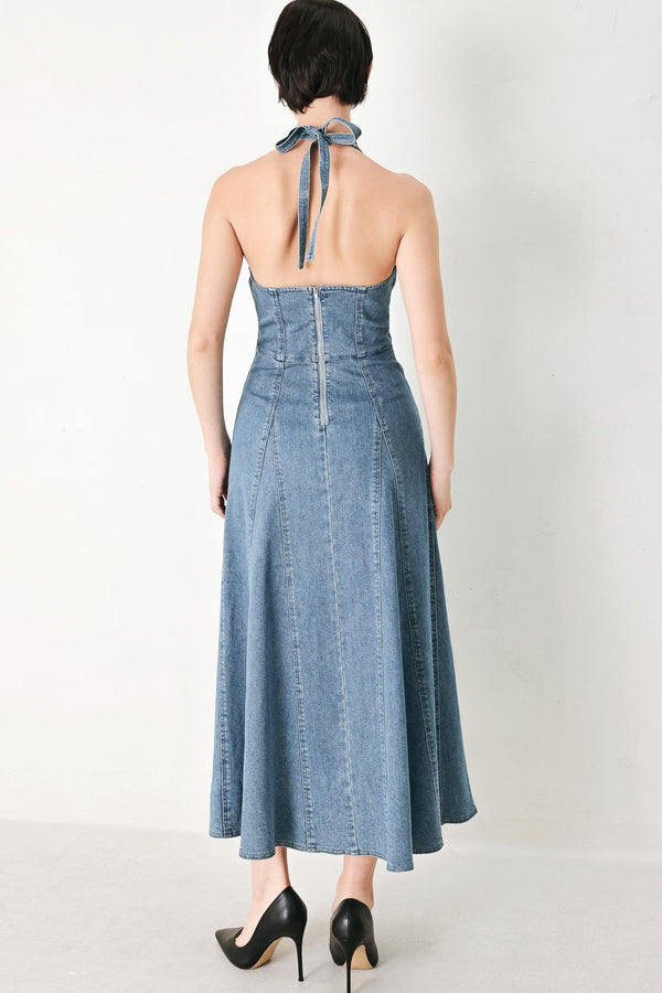 BLUE BLOSSOM DENIM MIDI DRESS.