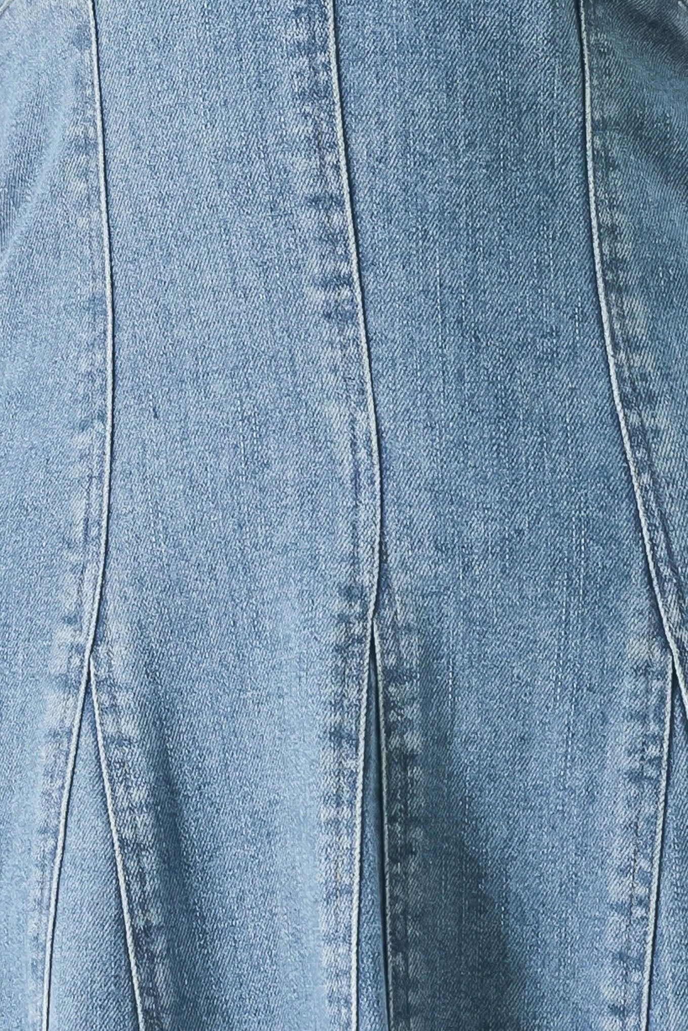 A washed denim midi dress featuring halter neckline with back tie, full circle skirt, bare back with zipper closure