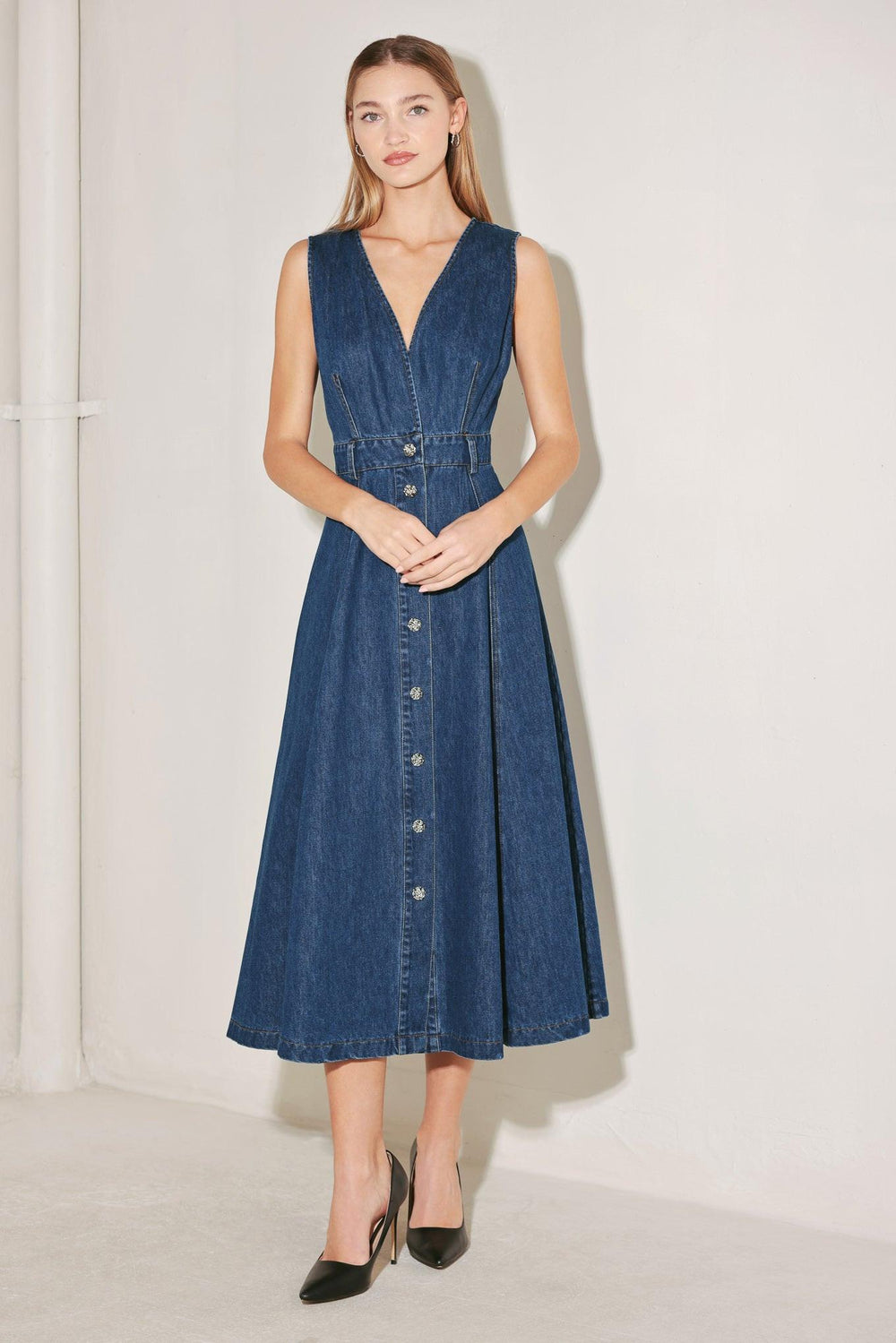 PARIS IN  DENIM MIDI DRESS.