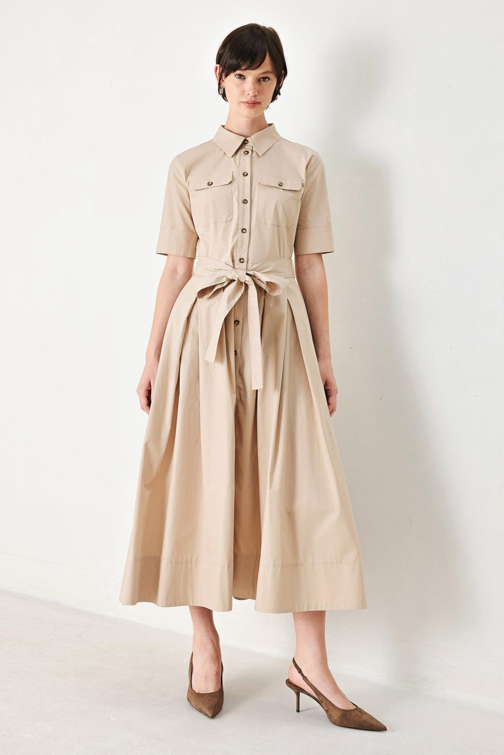 DESERT ICON WOVEN MIDI SHIRT DRESS.