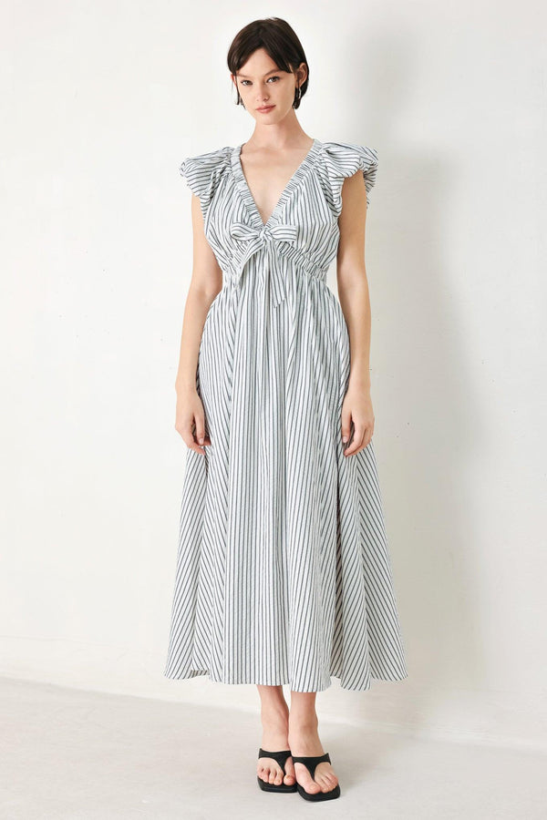 A striped woven midi dress featuring V neckline, short balloon sleeves, front tie, elastic at empire and full skirt