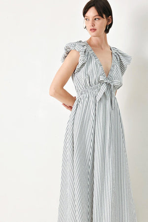 A striped woven midi dress featuring V neckline, short balloon sleeves, front tie, elastic at empire and full skirt