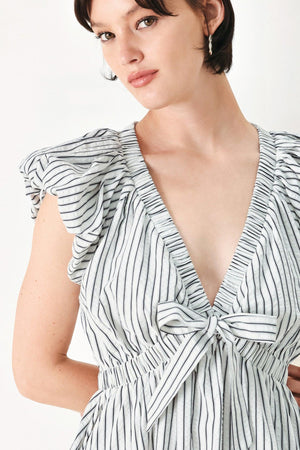 A striped woven midi dress featuring V neckline, short balloon sleeves, front tie, elastic at empire and full skirt