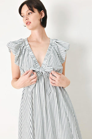 A striped woven midi dress featuring V neckline, short balloon sleeves, front tie, elastic at empire and full skirt