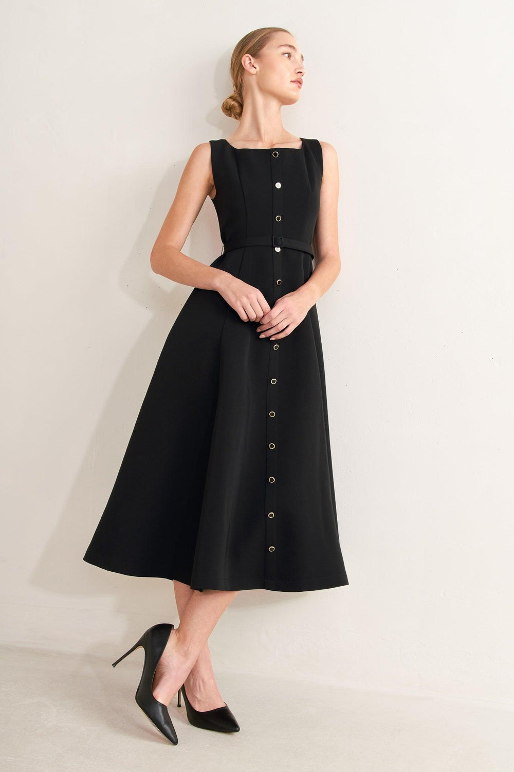 PARIS AFTER DARK WOVEN MIDI DRESS.