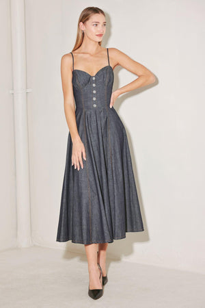 AFTER HOURS SERENADE DENIM MIDI DRESS.