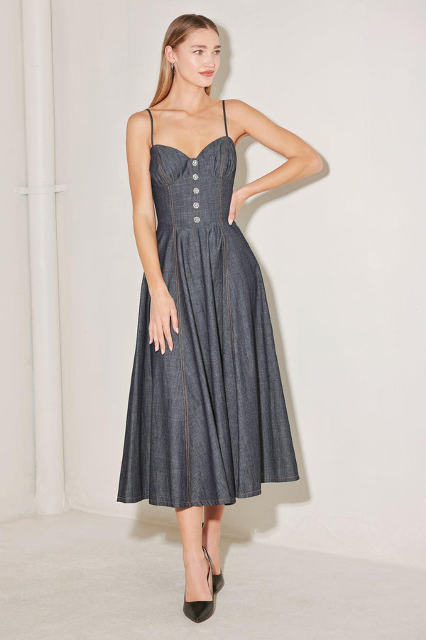 AFTER HOURS SERENADE DENIM MIDI DRESS.