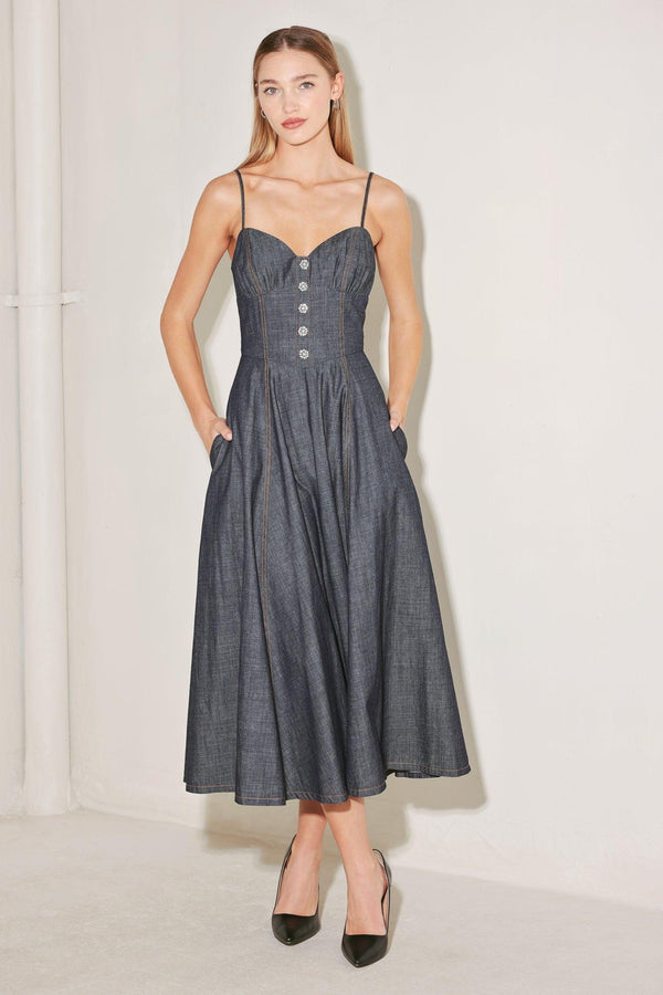 AFTER HOURS SERENADE DENIM MIDI DRESS.