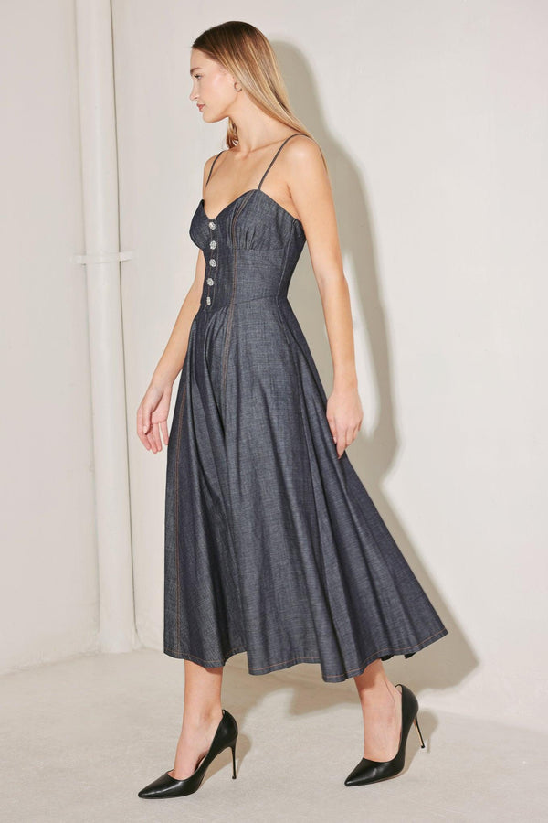AFTER HOURS SERENADE DENIM MIDI DRESS.