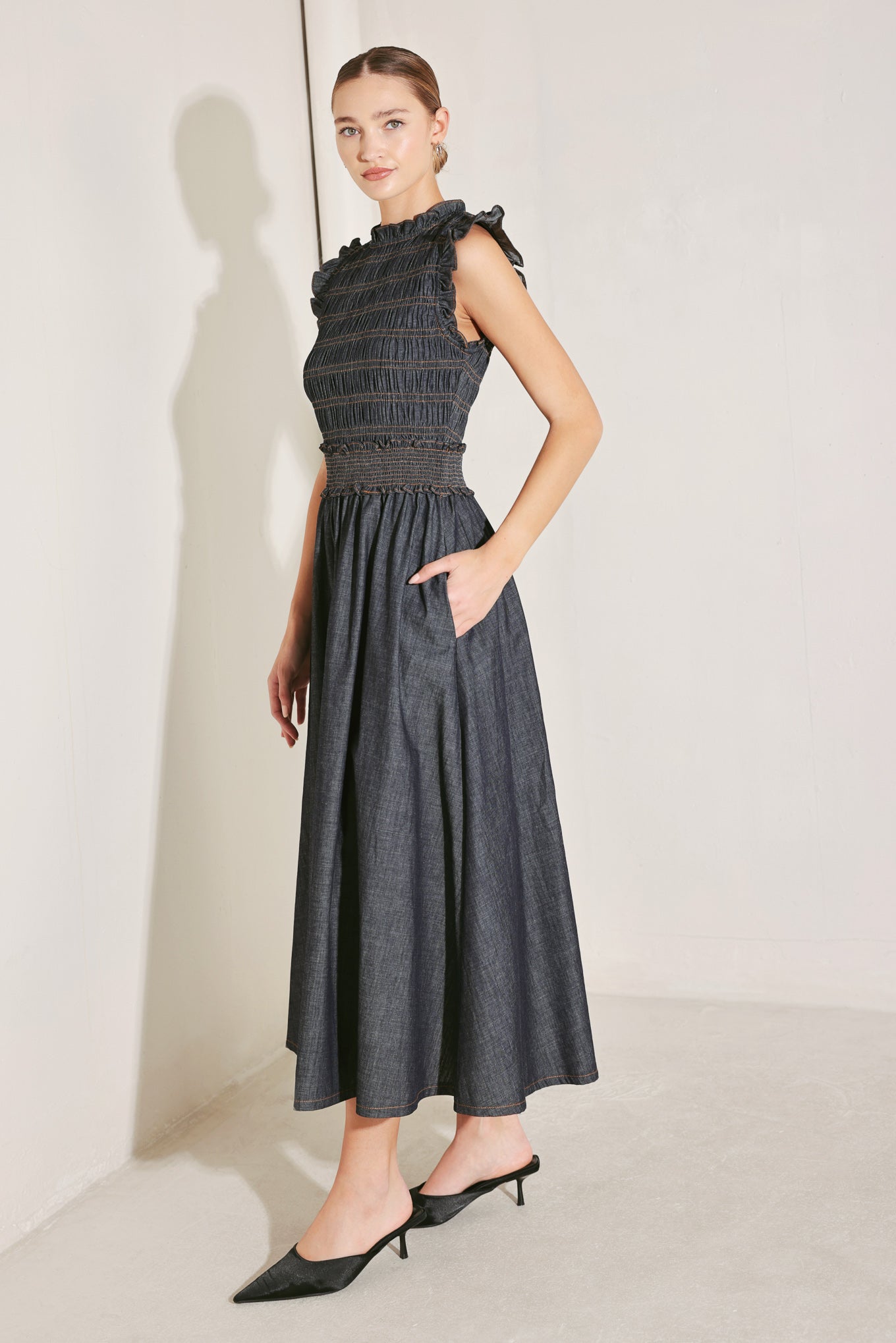 ROMANTIC REVERIE DENIM MIDI DRESS