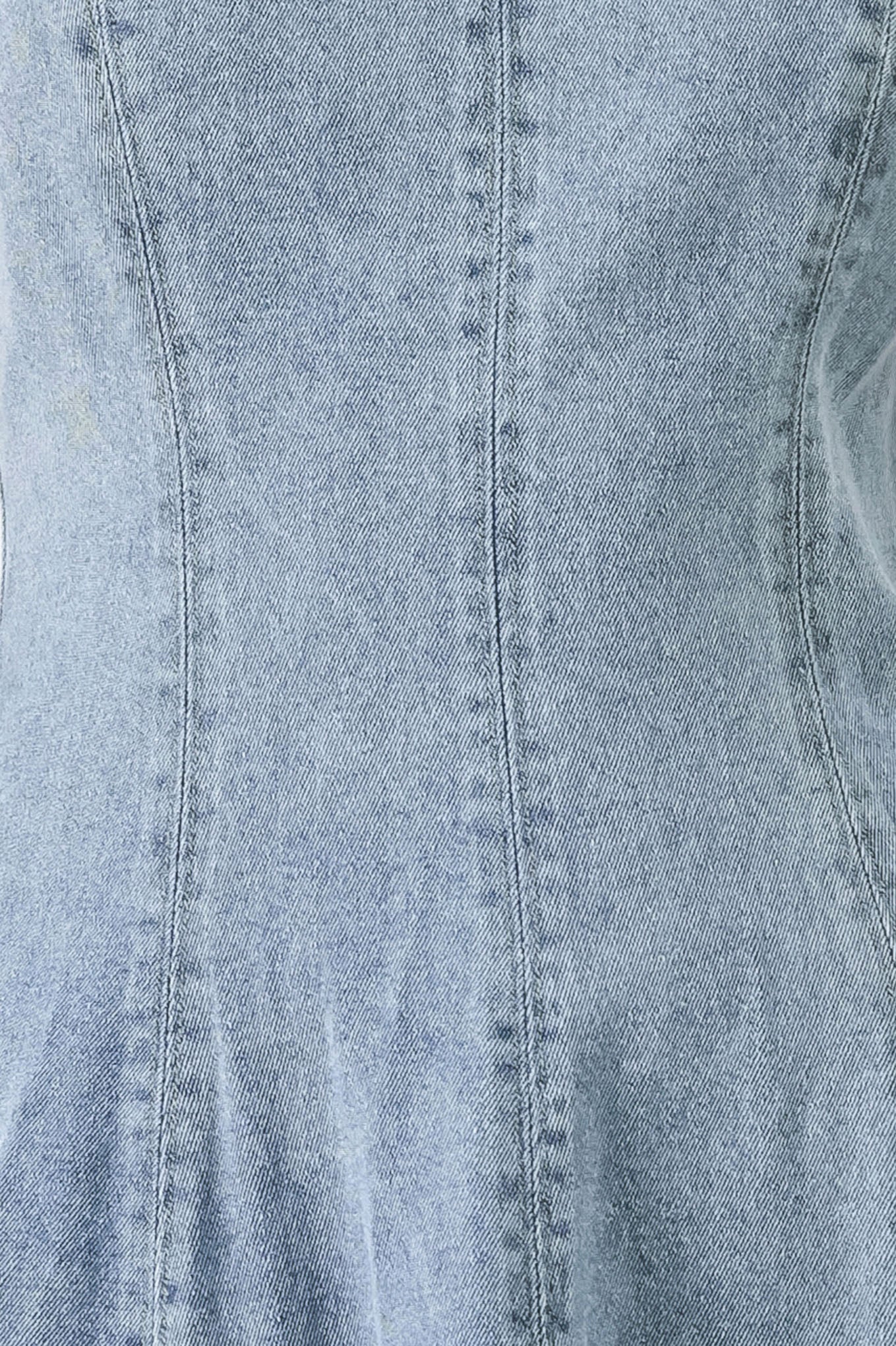 A washed denim midi dress with U neckline, straps, circle skirt and back zipper closure