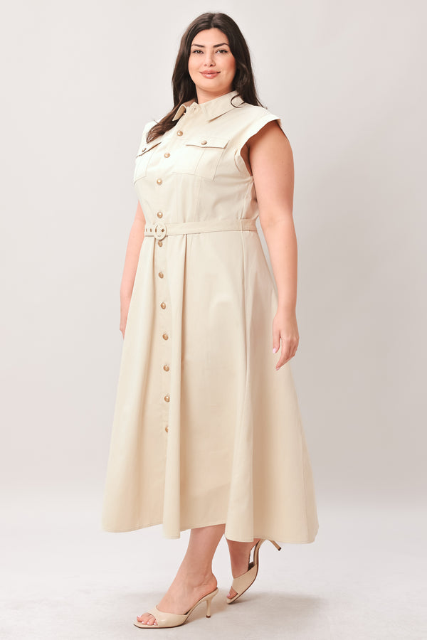 Woman wearing a beige dress with buttons on a white background | FREEMARKET | Flying Tomato