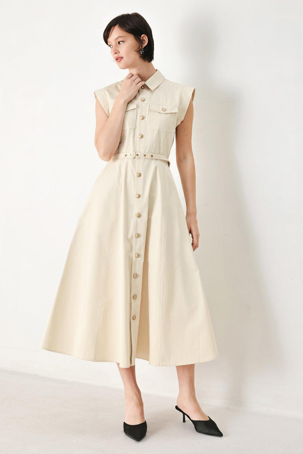 A solid woven shirt dress with front pocket, self belt and closure | FREEMARKET | Flying Tomato