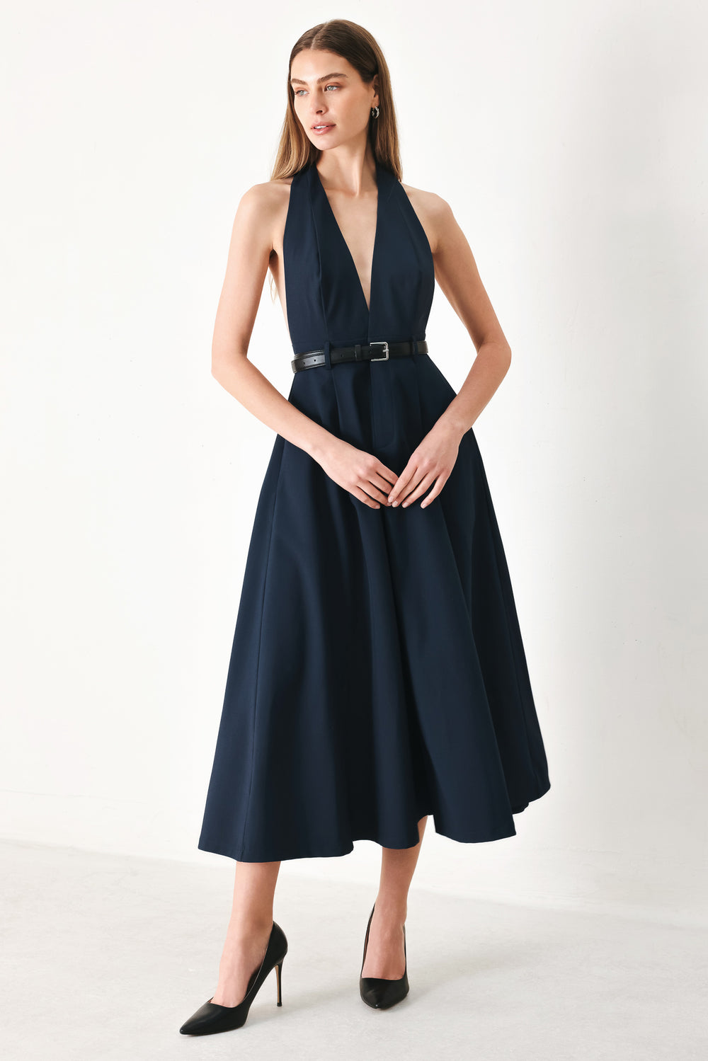 MIDNIGHT FORM WOVEN MIDI DRESS.