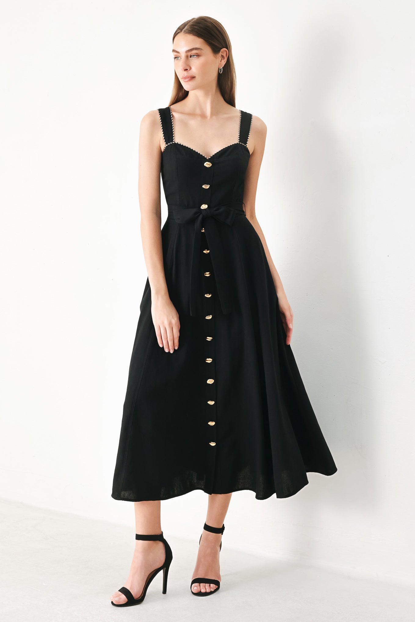LOVELY NOIR WOVEN MIDI DRESS.