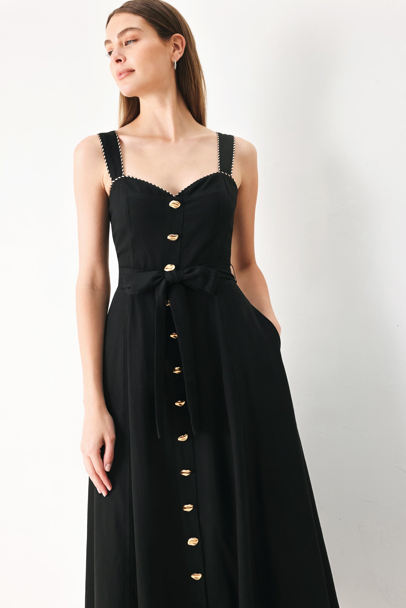 LOVELY NOIR WOVEN MIDI DRESS.