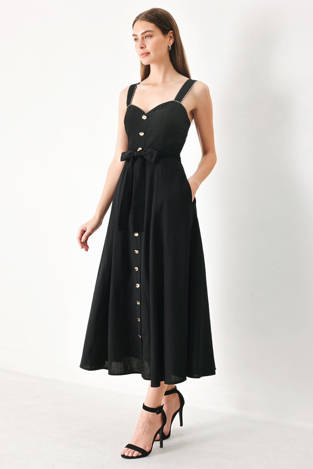 LOVELY NOIR WOVEN MIDI DRESS.