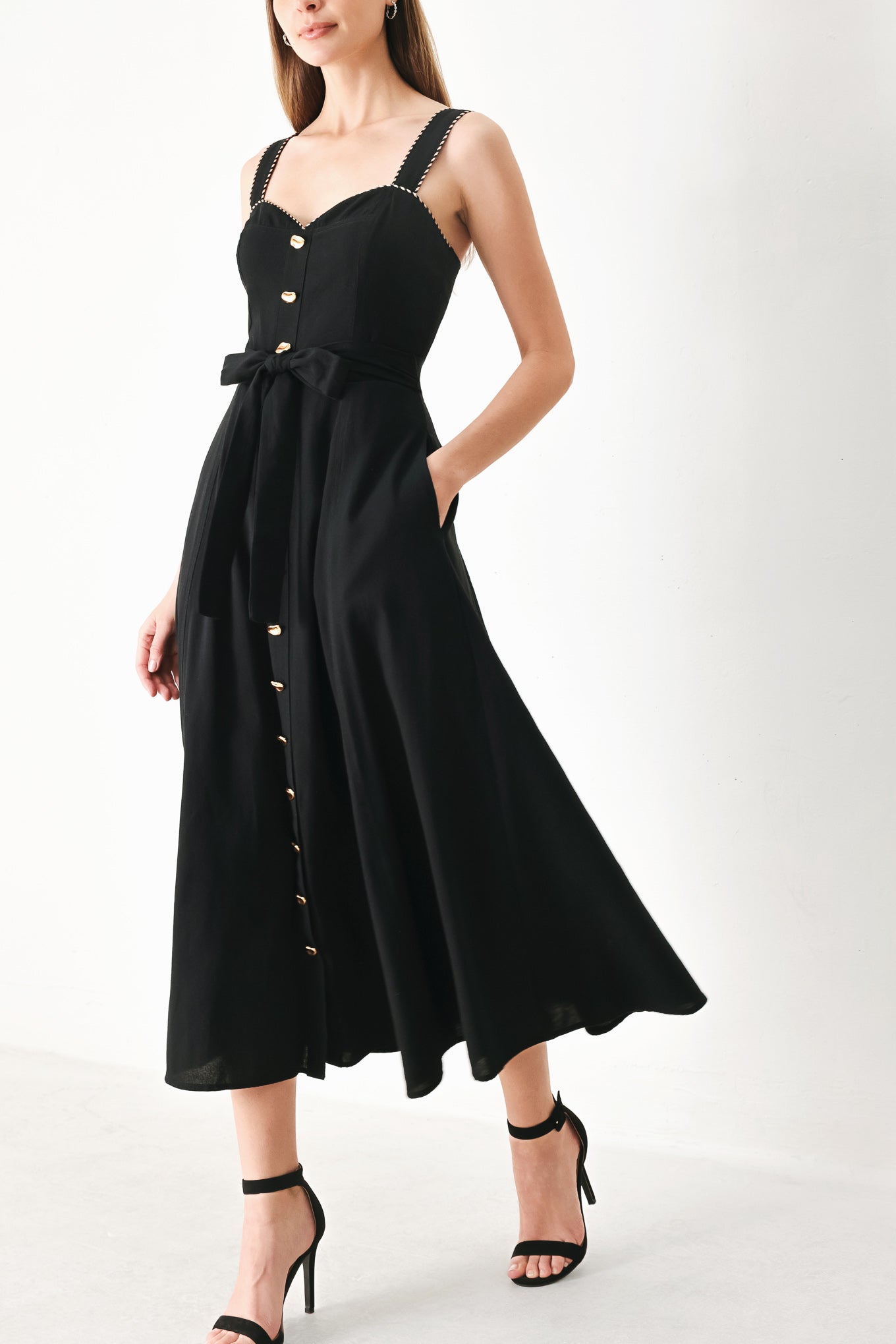 LOVELY NOIR WOVEN MIDI DRESS.