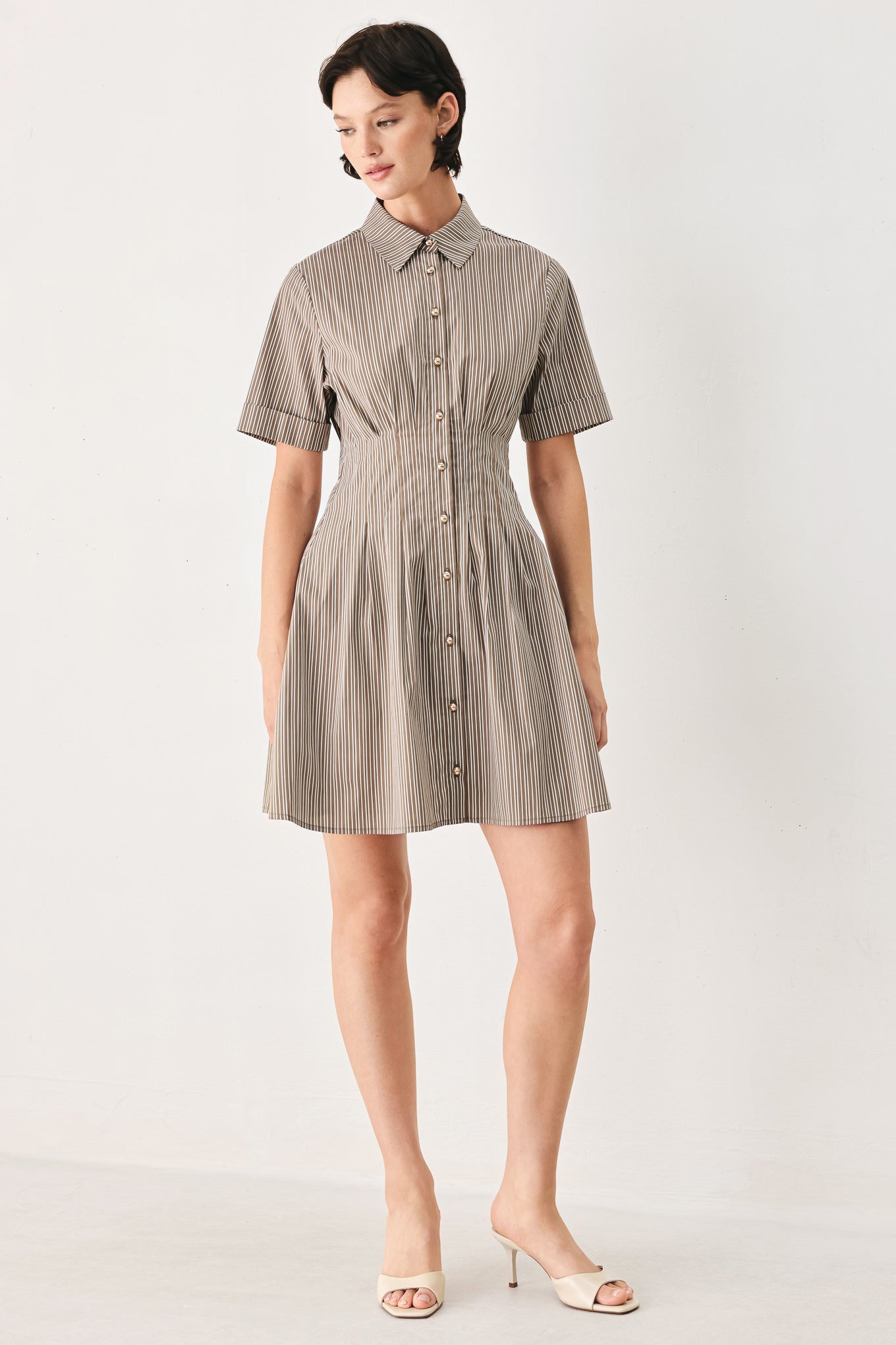 Woman wearing a multi colored taupe short sleeve striped woven mini dress with front button closure, corset waist and circle skirt | FREEMARKET