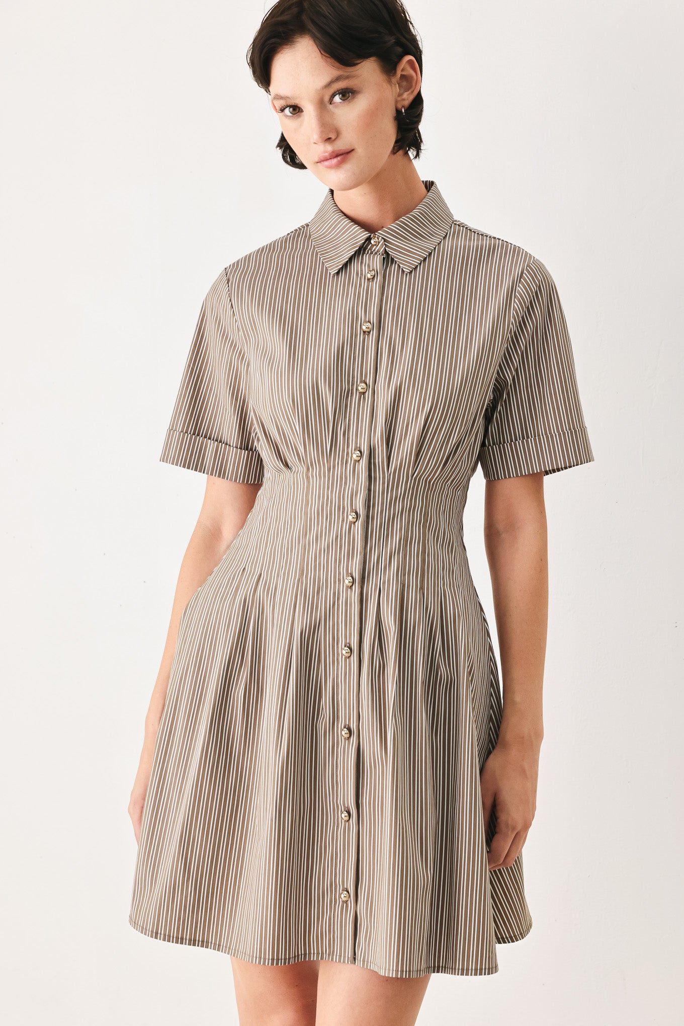Woman wearing a multi colored taupe short sleeve striped woven mini dress with front button closure, corset waist and circle skirt | FREEMARKET