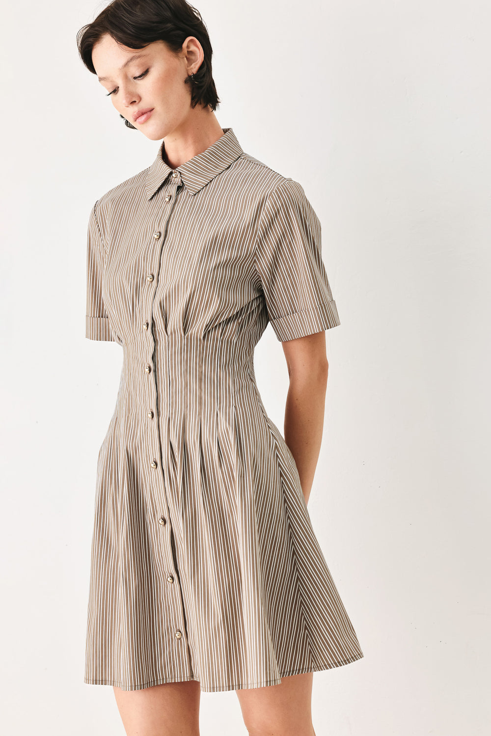Woman wearing a multi colored taupe short sleeve striped woven mini dress with front button closure, corset waist and circle skirt | FREEMARKET