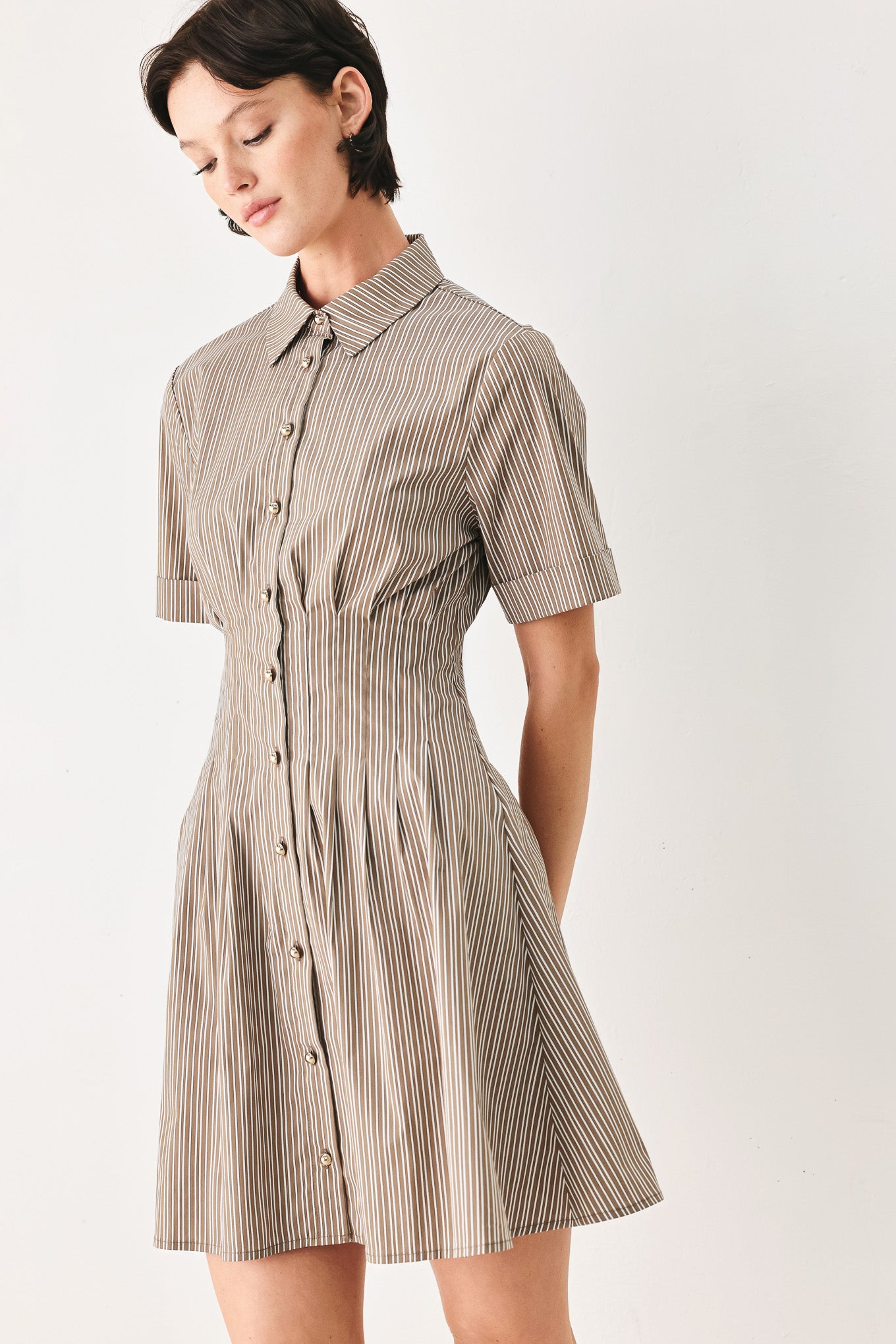 Woman wearing a multi colored taupe short sleeve striped woven mini dress with front button closure, corset waist and circle skirt | FREEMARKET