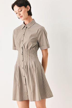 Woman wearing a multi colored taupe short sleeve striped woven mini dress with front button closure, corset waist and circle skirt | FREEMARKET