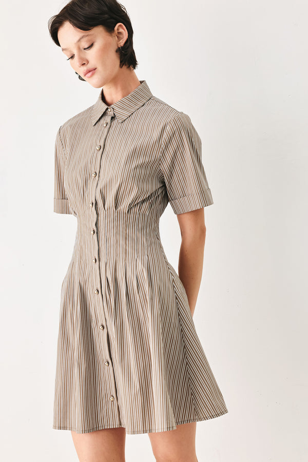 Woman wearing a multi colored taupe short sleeve striped woven mini dress with front button closure, corset waist and circle skirt | FREEMARKET