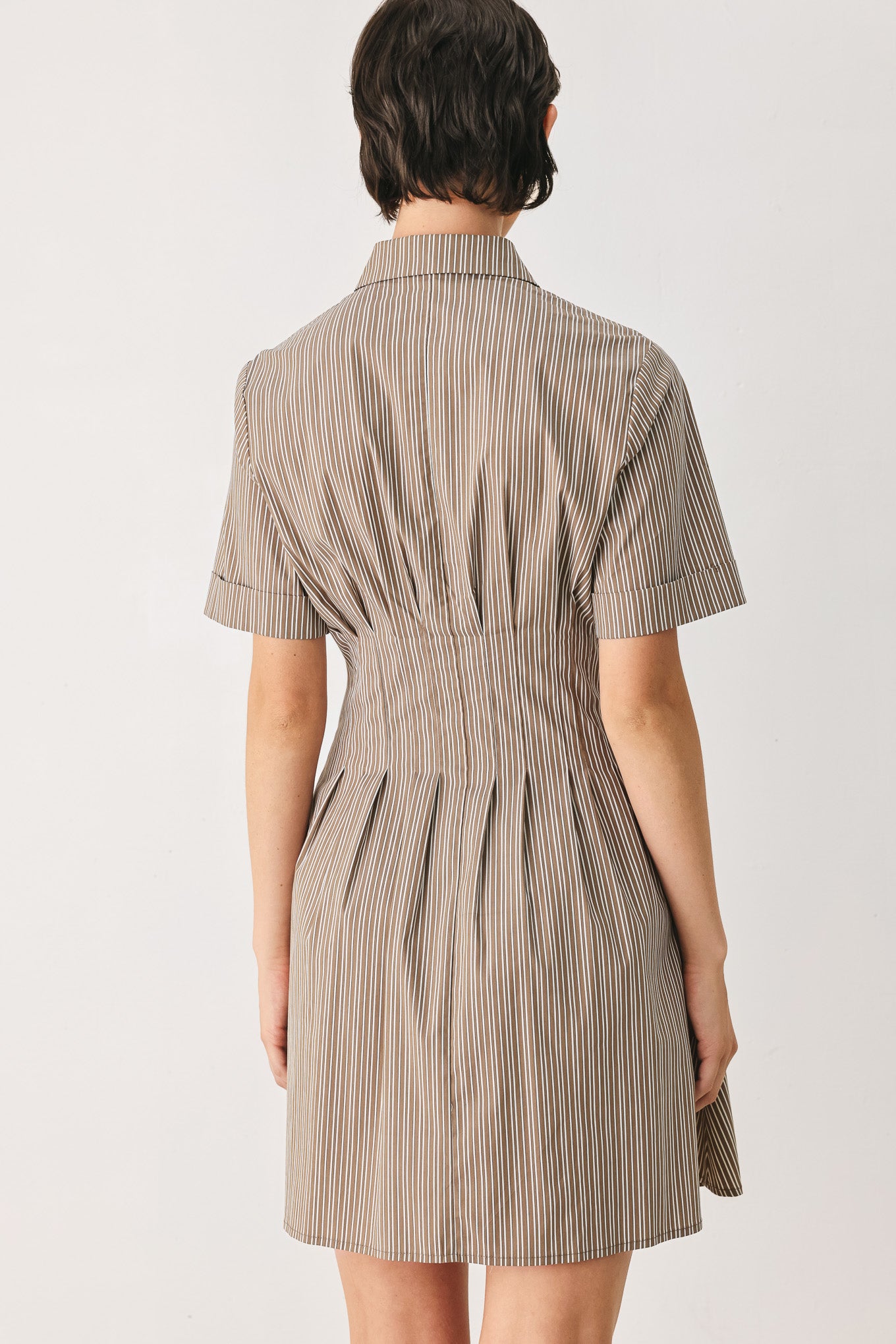 Woman wearing a multi colored taupe short sleeve striped woven mini dress with front button closure, corset waist and circle skirt | FREEMARKET