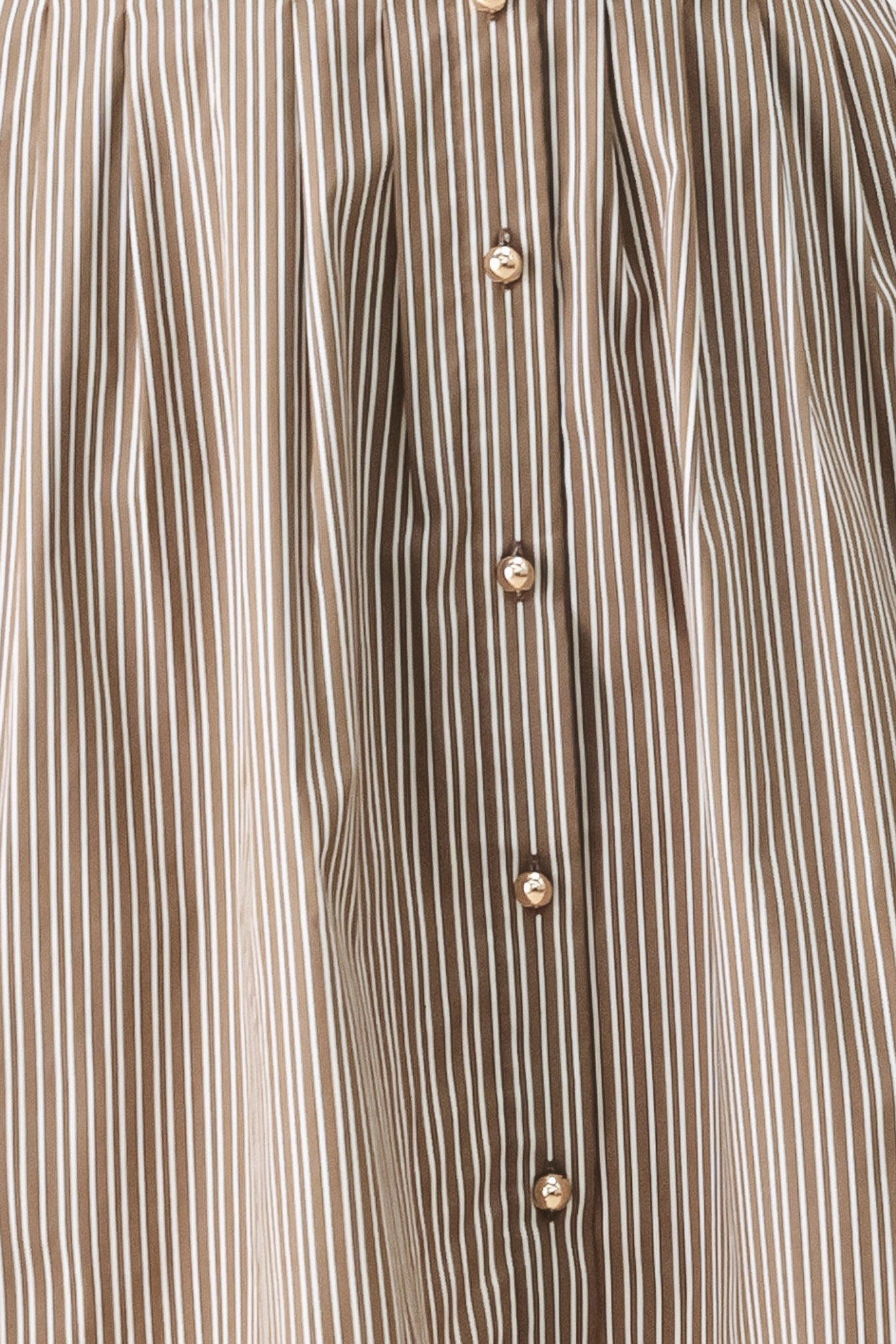 Woman wearing a multi colored taupe short sleeve striped woven mini dress with front button closure, corset waist and circle skirt | FREEMARKET