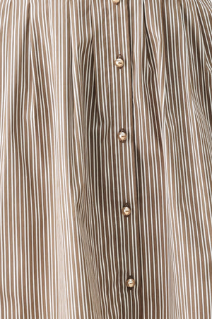 Woman wearing a multi colored taupe short sleeve striped woven mini dress with front button closure, corset waist and circle skirt | FREEMARKET