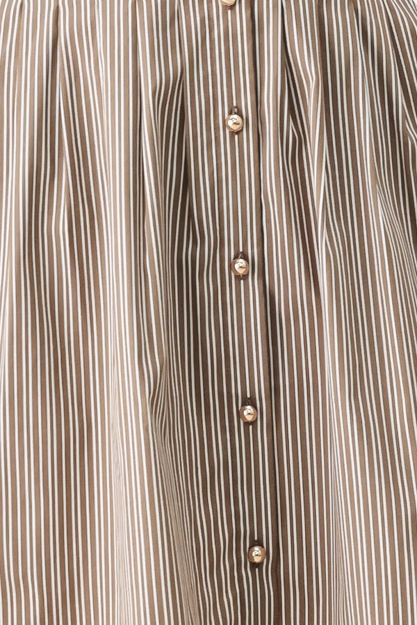 Woman wearing a multi colored taupe short sleeve striped woven mini dress with front button closure, corset waist and circle skirt | FREEMARKET