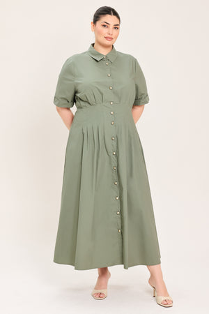 A woman modeling a olive green midi shirt dress with short sleeves, a button-down front, and a gathered waist | Plus Curve Flying Tomato