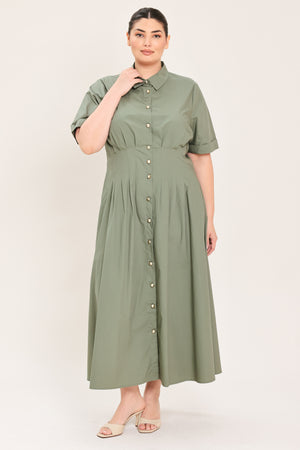 A woman modeling a olive green midi shirt dress with short sleeves, a button-down front, and a gathered waist | Plus Curve Flying Tomato