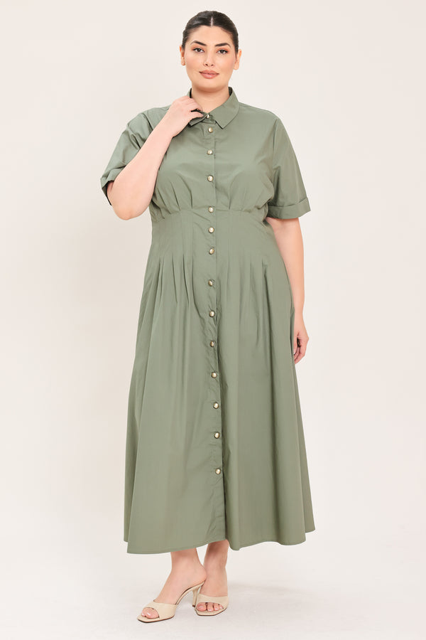 A woman modeling a olive green midi shirt dress with short sleeves, a button-down front, and a gathered waist | Plus Curve Flying Tomato