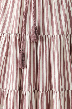 Close up of a burgundy striped woven ankle dress featuring straight neckline, straps, rope tie, tier skirt and back zipper closure | FREEMARKET