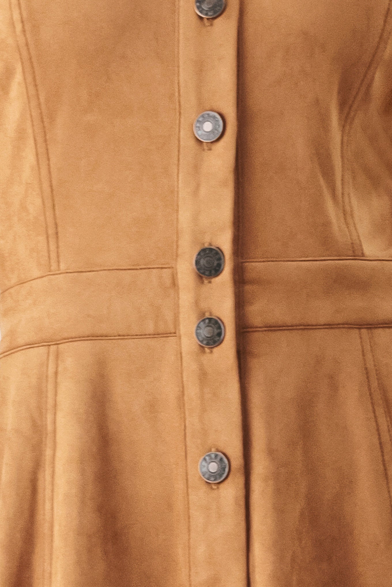 Woman wearing a camel brown faux suede midi shirt dress with short sleeve, front button down and circle skirt | FREEMARKET