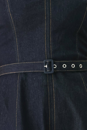 Woman wearing a dark denim strapless midi dress featuring a sweetheart neckline, self belt, circle skirt and back zipper closure | FREEMARKET