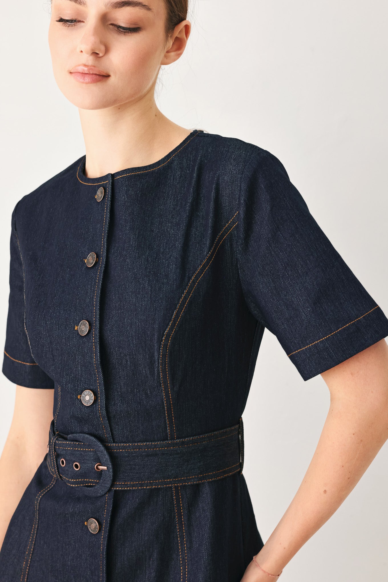 freemarket denim dress MIDDAY IN BLUE DENIM MIDI DRESS, DENIM / 1X