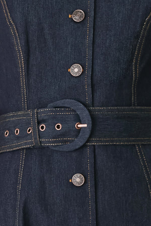 Woman wearing a navy dark denim midi dress with buttons and waist belt | FREEMARKET