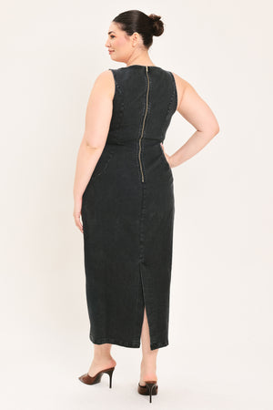 A woman modeling a black sleeveless midi dress with a square neckline | Plus Curve Flying Tomato