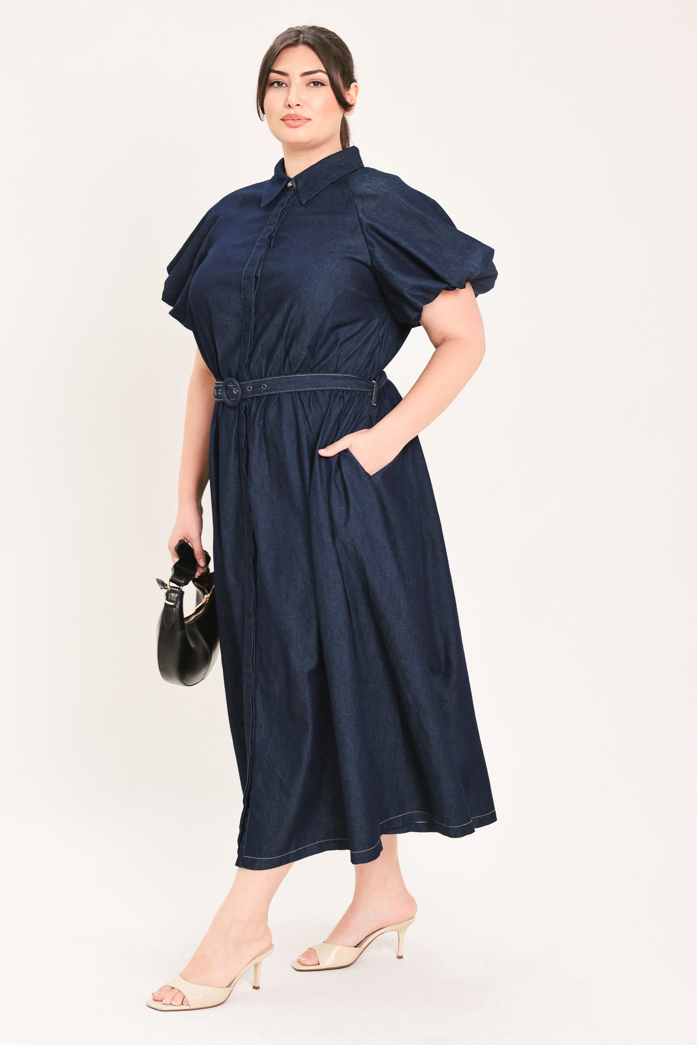 MIDNIGHT IN MANHATTAN DENIM MIDI DRESS