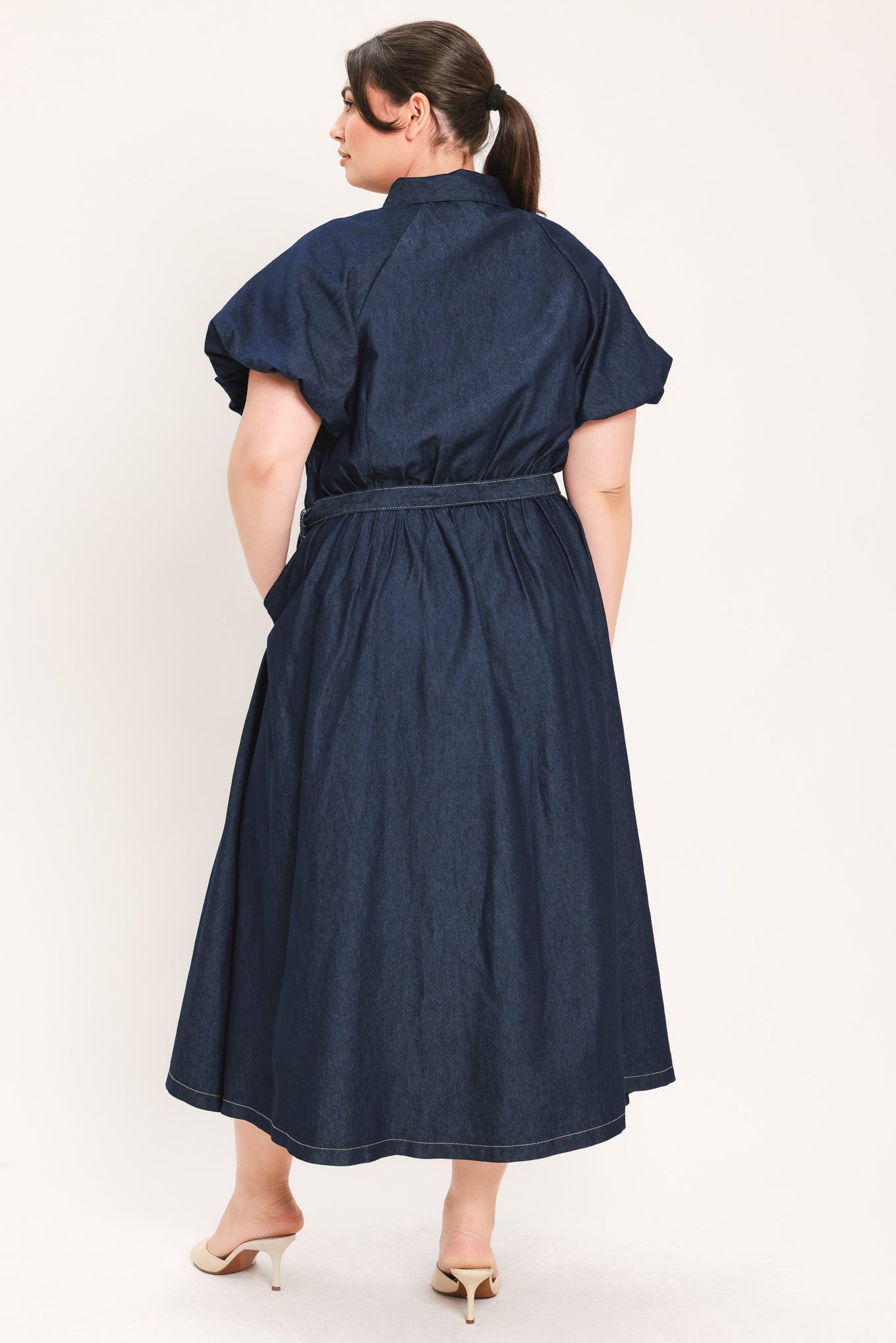 MIDNIGHT IN MANHATTAN DENIM MIDI DRESS