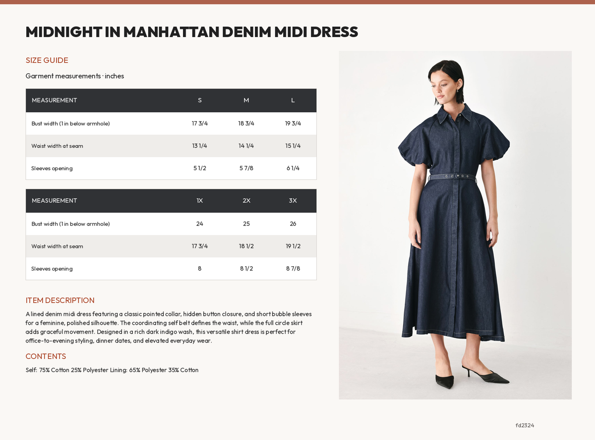 MIDNIGHT IN MANHATTAN DENIM MIDI DRESS size chart