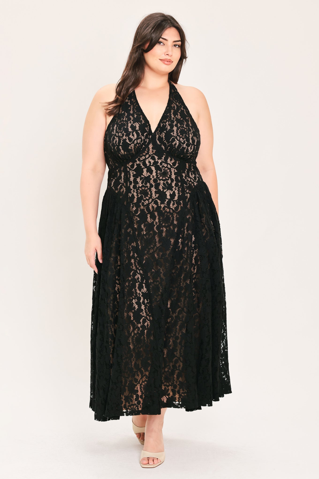 MIDNIGHT GARDEN HALTER WOVEN LACE MIDI DRESS