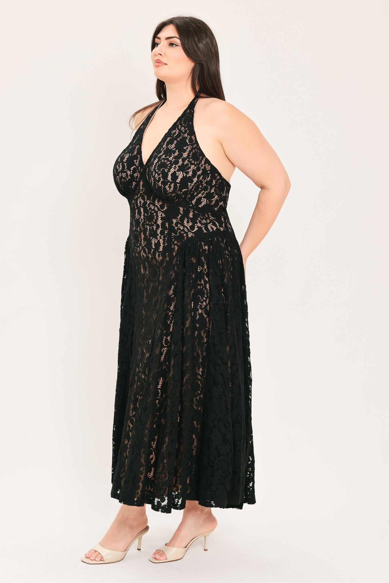 MIDNIGHT GARDEN HALTER WOVEN LACE MIDI DRESS